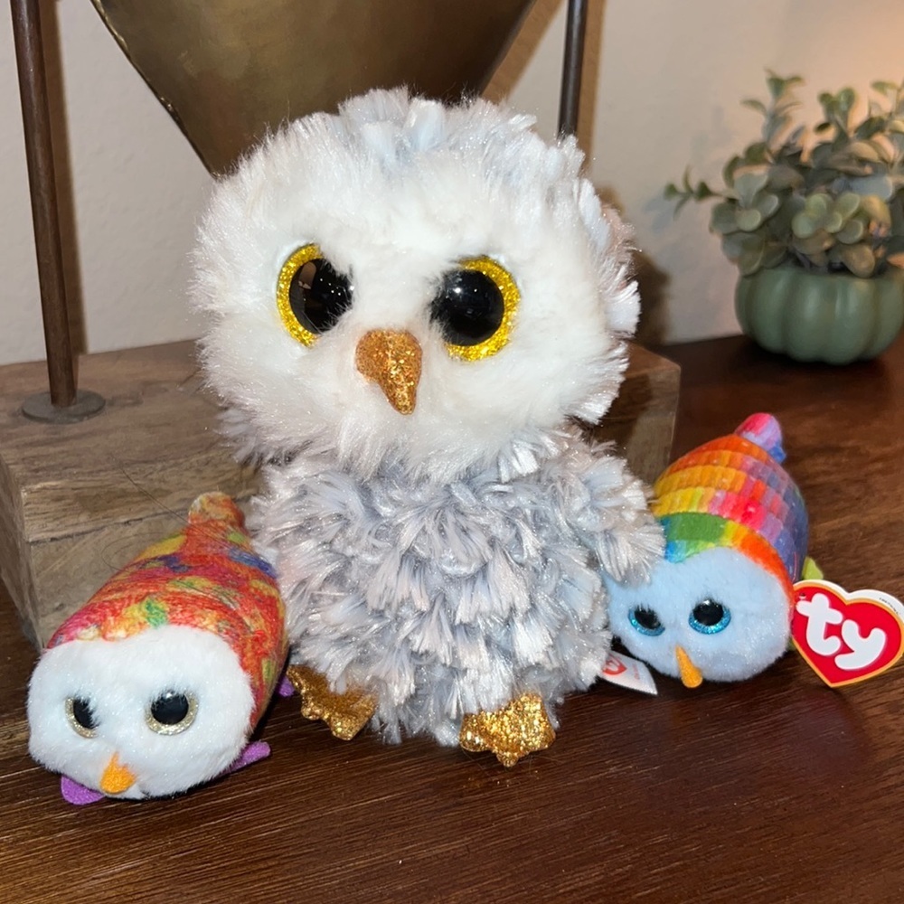 Ty Owls 🦉 2 Mimi baby owls, 1 larger grey white gold glitter Owlette TySilk​​